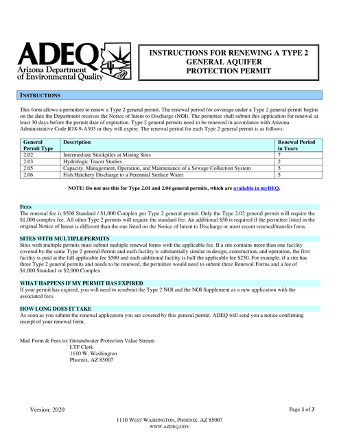 Renewal Form for a Type 2 General Aquifer Protection Permit - Arizona Download Pdf