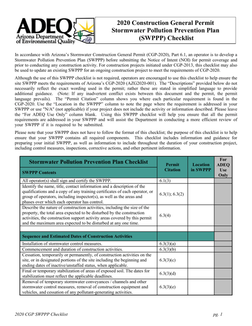 Construction General Permit Stormwater Pollution Prevention Plan (Swppp) Checklist - Arizona, 2020