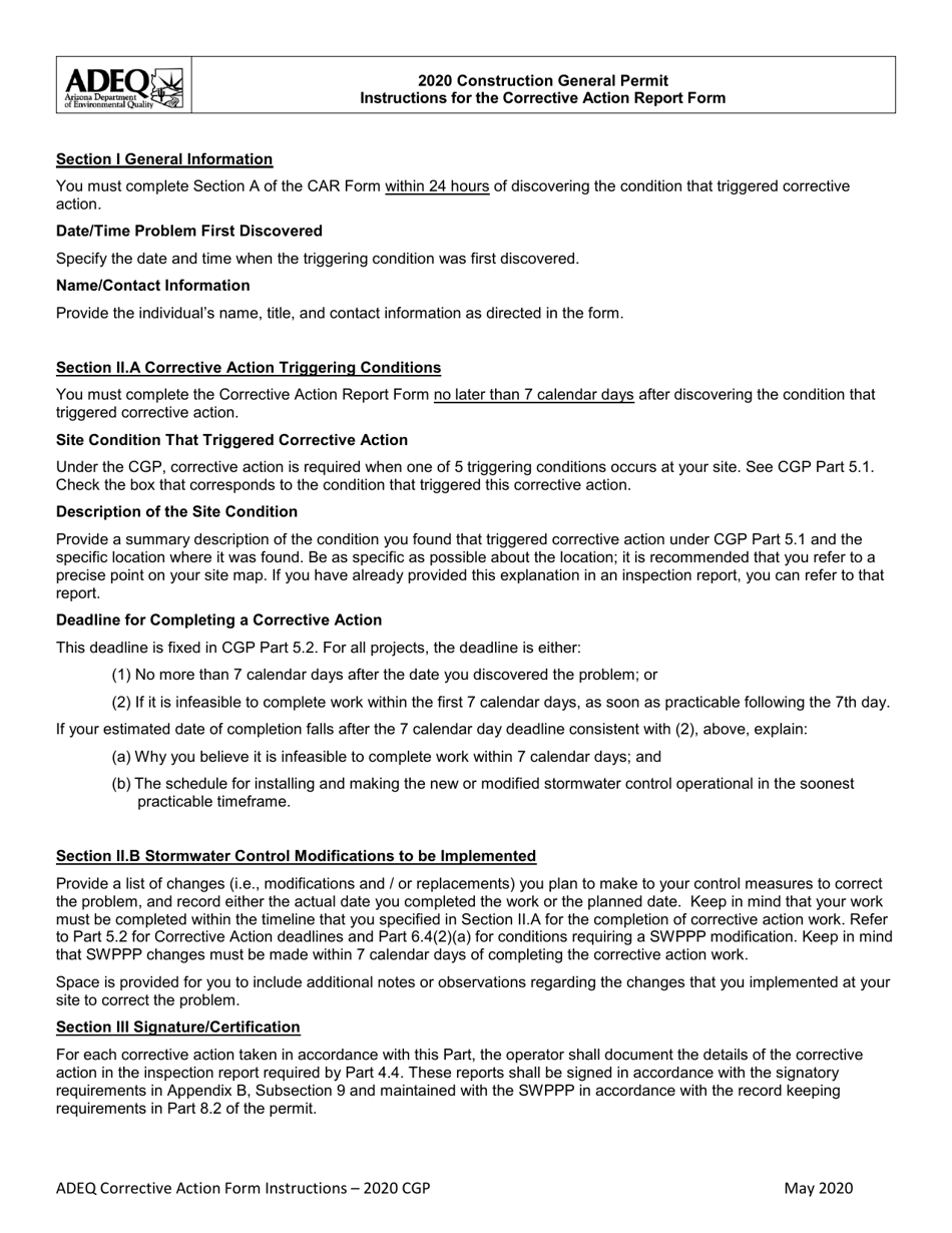 Construction General Permit (Cgp) Corrective Action Report Form - Arizona, Page 1
