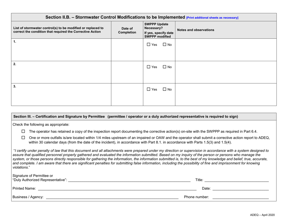 Construction General Permit (Cgp) Corrective Action Report Form - Arizona, Page 3