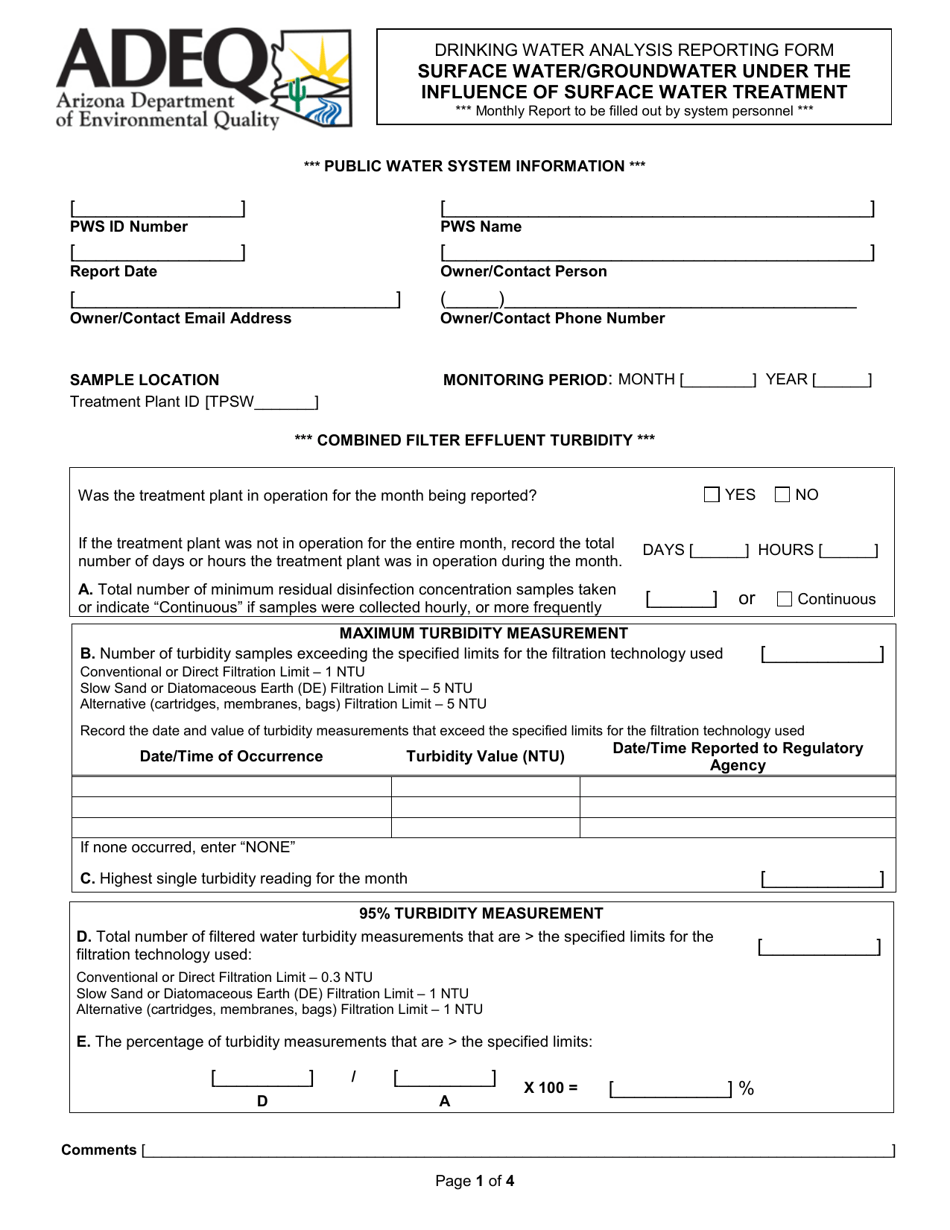 Form DWAR15 A  B Drinking Water Analysis Reporting Form - Surface Water / Groundwater Under the Influence of Surface Water Treatment - Arizona, Page 1