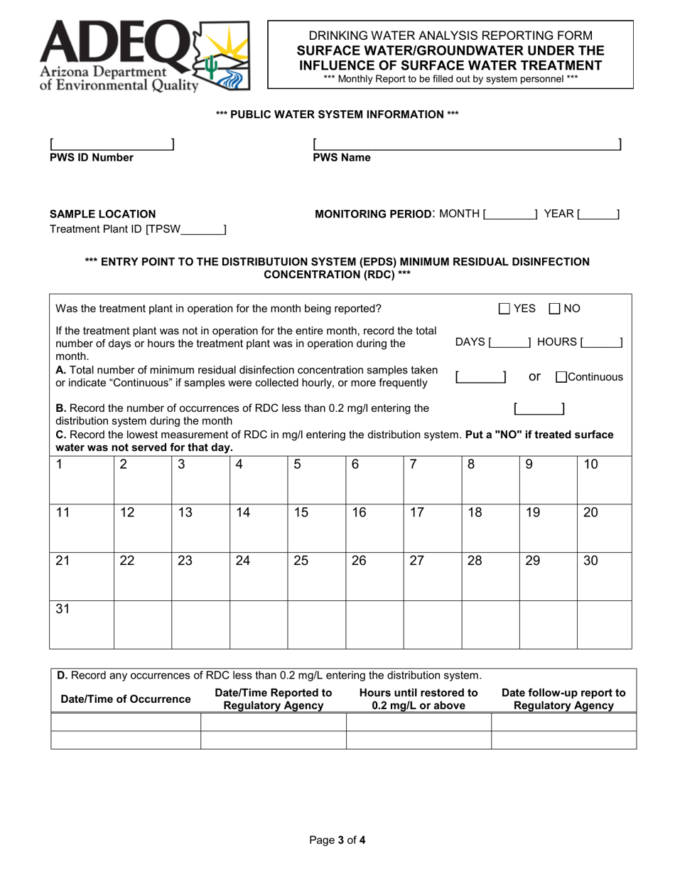 Form DWAR15 A  B Drinking Water Analysis Reporting Form - Surface Water / Groundwater Under the Influence of Surface Water Treatment - Arizona, Page 3