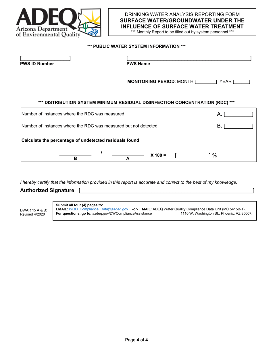 Form DWAR15 A  B Drinking Water Analysis Reporting Form - Surface Water / Groundwater Under the Influence of Surface Water Treatment - Arizona, Page 4