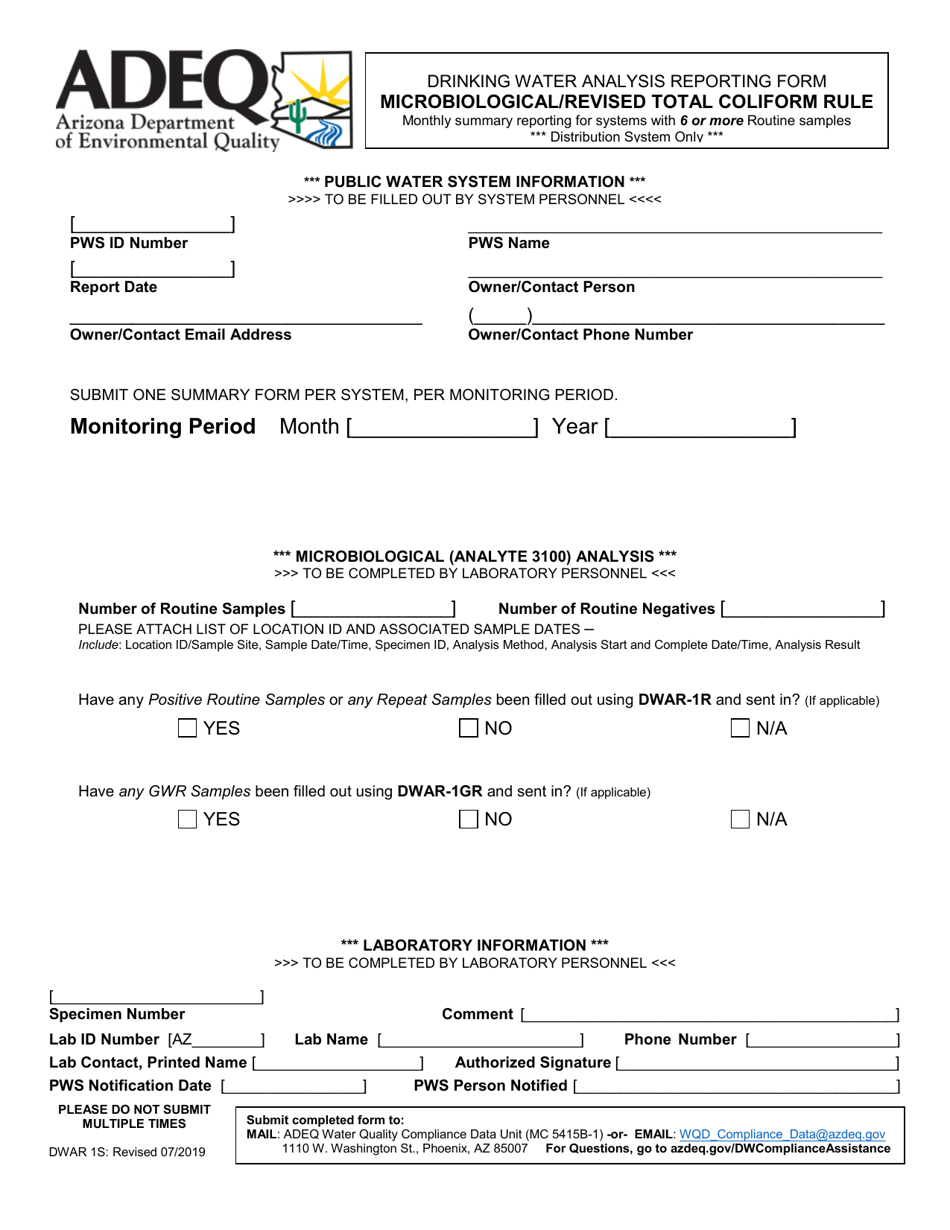 Form DWAR1S Drinking Water Analysis Reporting Form - Microbiological / Revised Total Coliform Rule - Arizona, Page 1