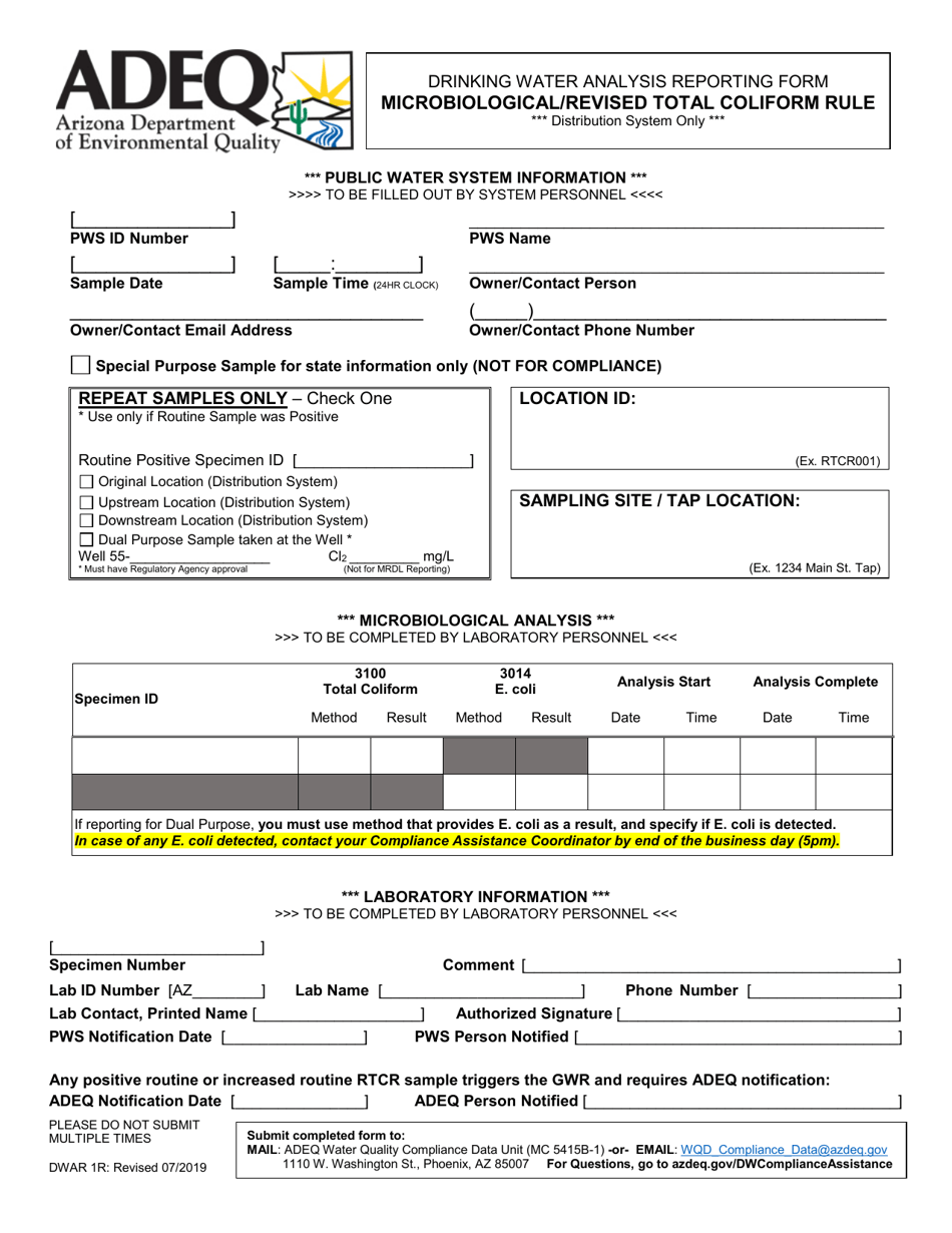 Form DWAR1R Drinking Water Analysis Reporting Form - Microbiological / Revised Total Coliform Rule - Arizona, Page 1