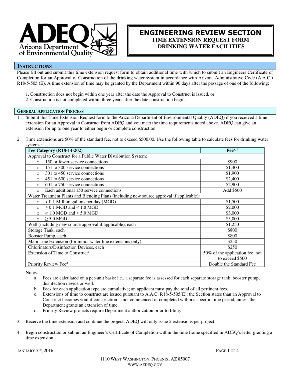 Drinking Water Facility Time Extension Request Form - Arizona, Page 1