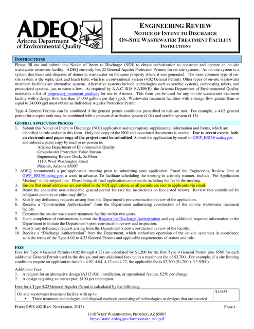 Engineering Review Notice of Intent to Discharge on-Site Wastewater Treatment Facility Application - Arizona Download Pdf