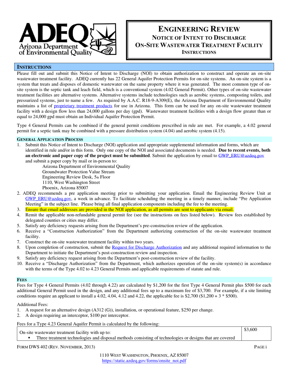 Engineering Review Notice of Intent to Discharge on-Site Wastewater Treatment Facility Application - Arizona, Page 1