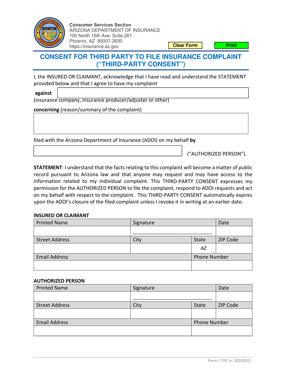 Form C-TPC Consent for Third Party to File Insurance Complaint (third-Party Consent) - Arizona, Page 1