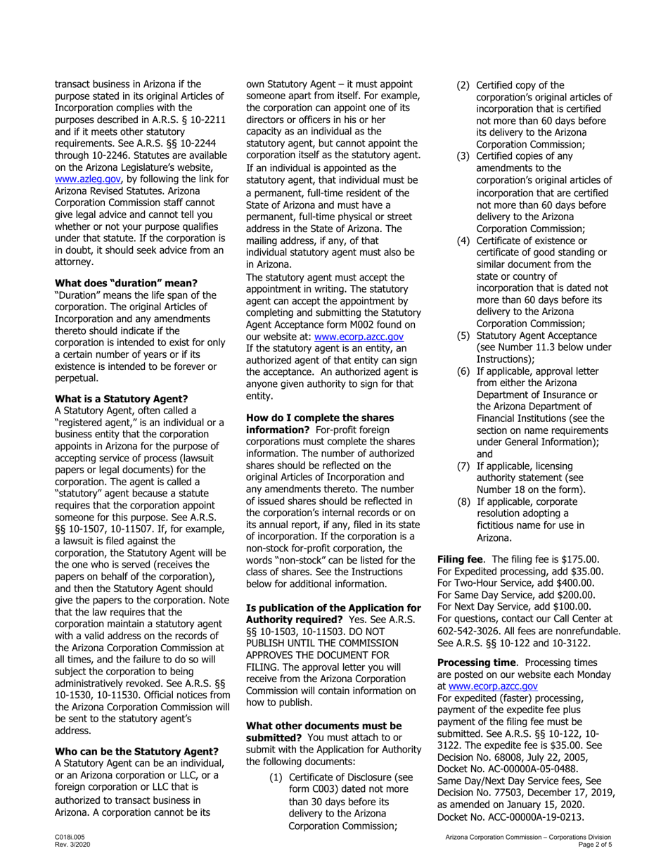 Instructions for Form C018 Application for Authority to Transact Business or Conduct Affairs in Arizona - Arizona, Page 2