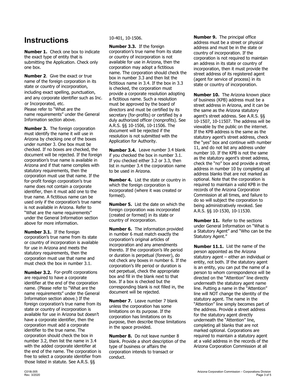 Instructions for Form C018 Application for Authority to Transact Business or Conduct Affairs in Arizona - Arizona, Page 3