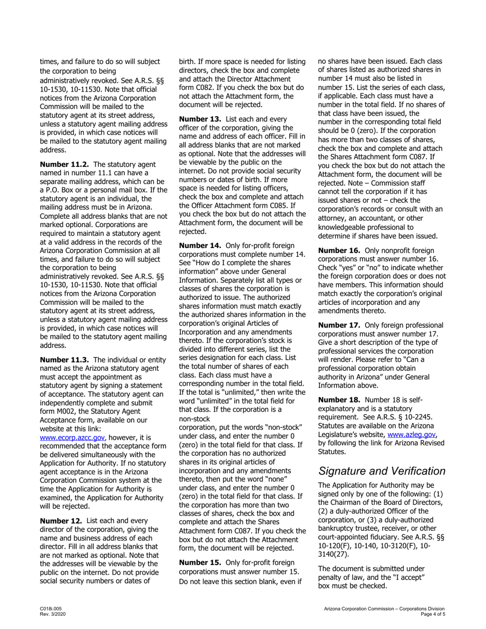Instructions for Form C018 Application for Authority to Transact Business or Conduct Affairs in Arizona - Arizona, Page 4