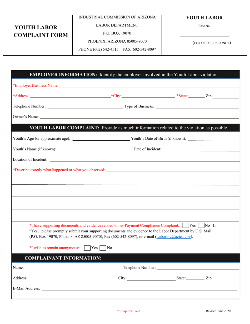 Youth Labor Complaint Form - Arizona, Page 1