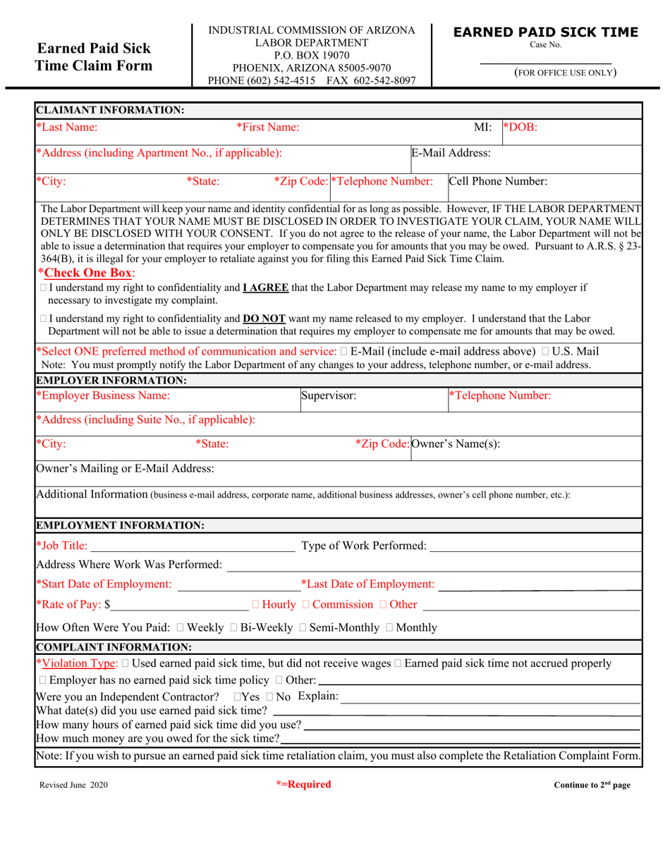 Arizona Earned Paid Sick Time Claim Form Fill Out, Sign Online and