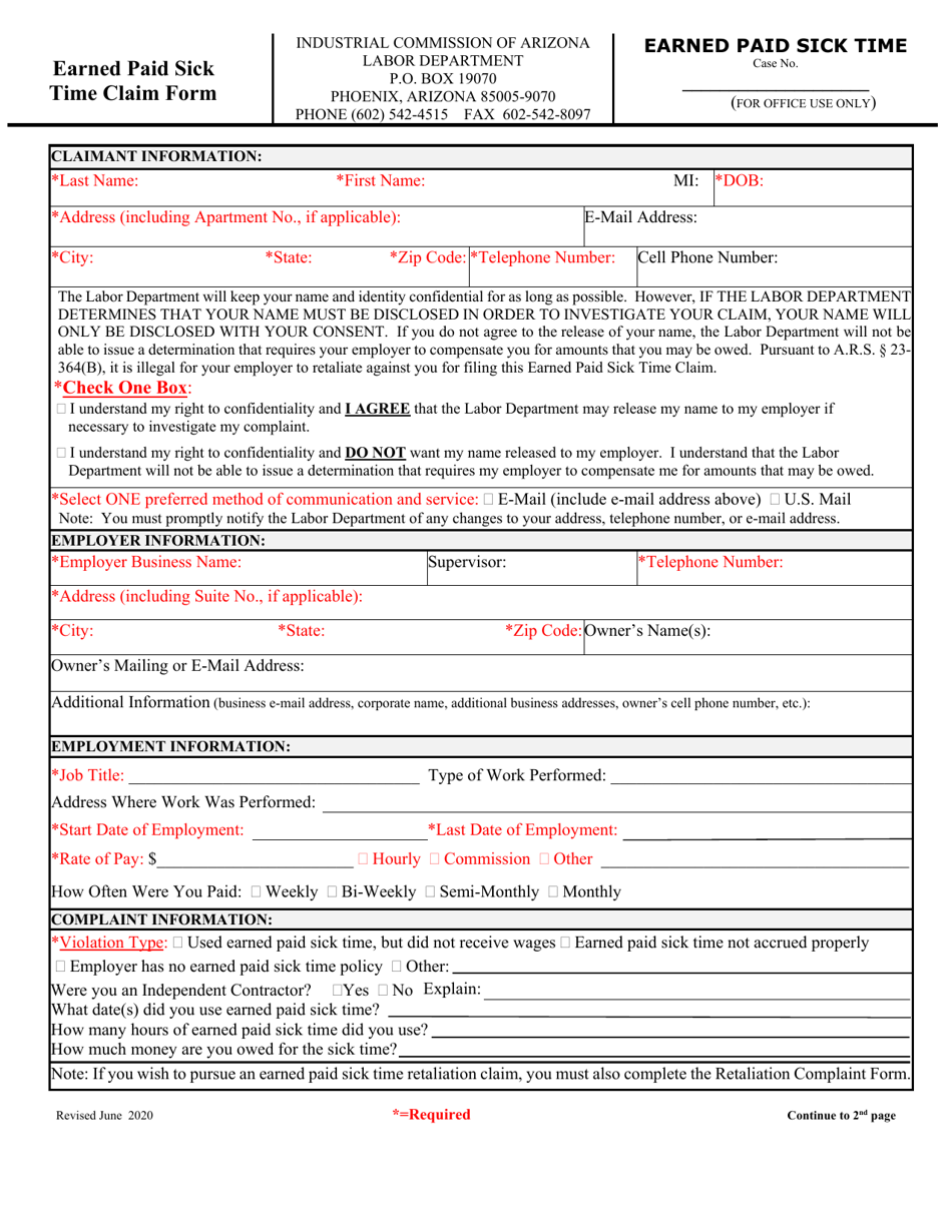 Earned Paid Sick Time Claim Form - Arizona, Page 1