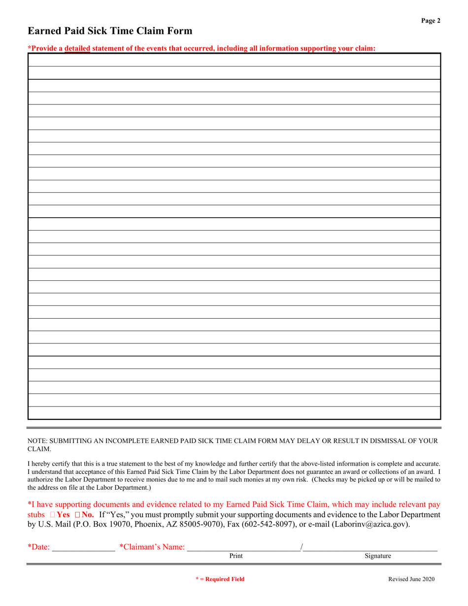 Earned Paid Sick Time Claim Form - Arizona, Page 2