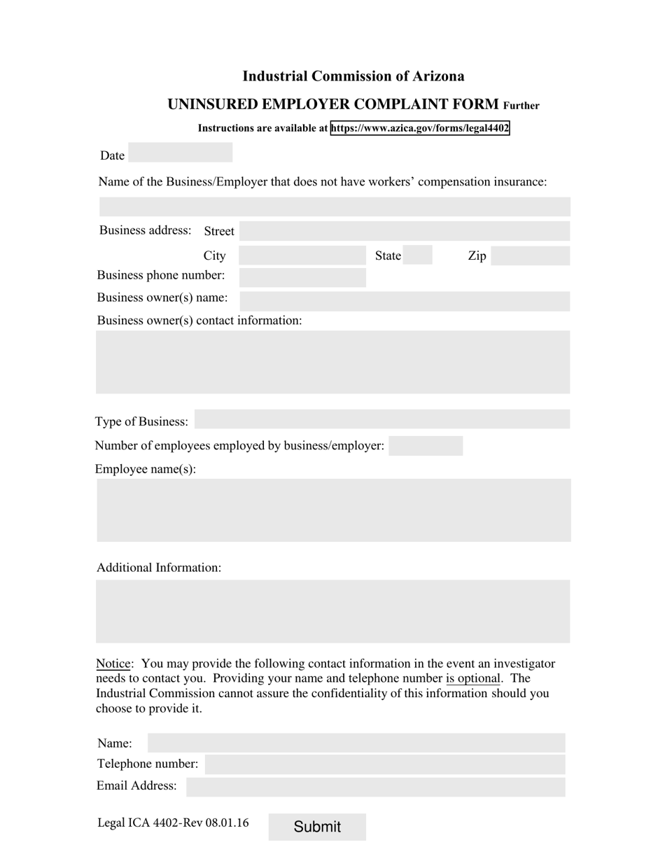Form ICA4402 Uninsured Employer Complaint Form - Arizona, Page 1