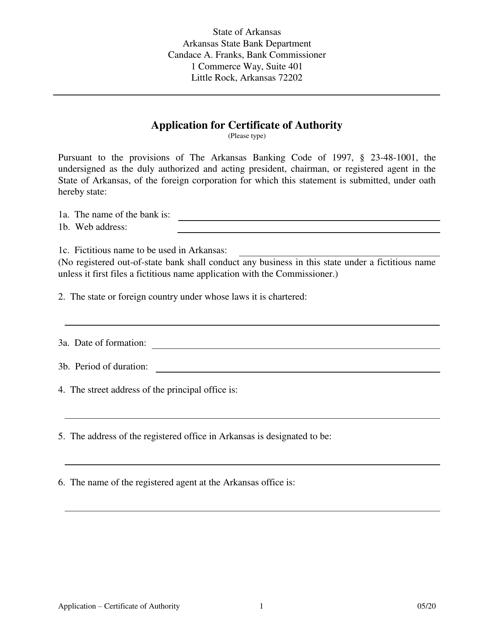 Application for Certificate of Authority - Arkansas Download Pdf