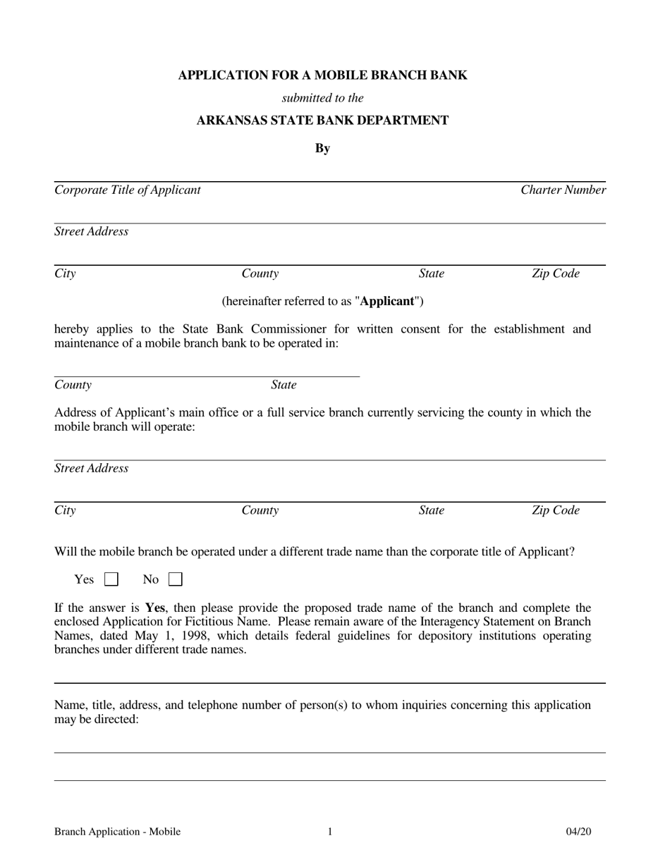 Application for a Mobile Branch Bank - Arkansas, Page 1