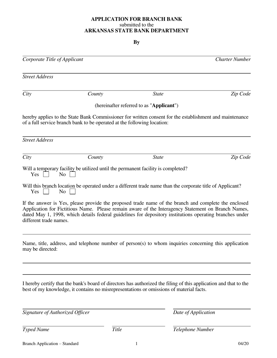 Application for Branch Bank - Standard - Arkansas, Page 1