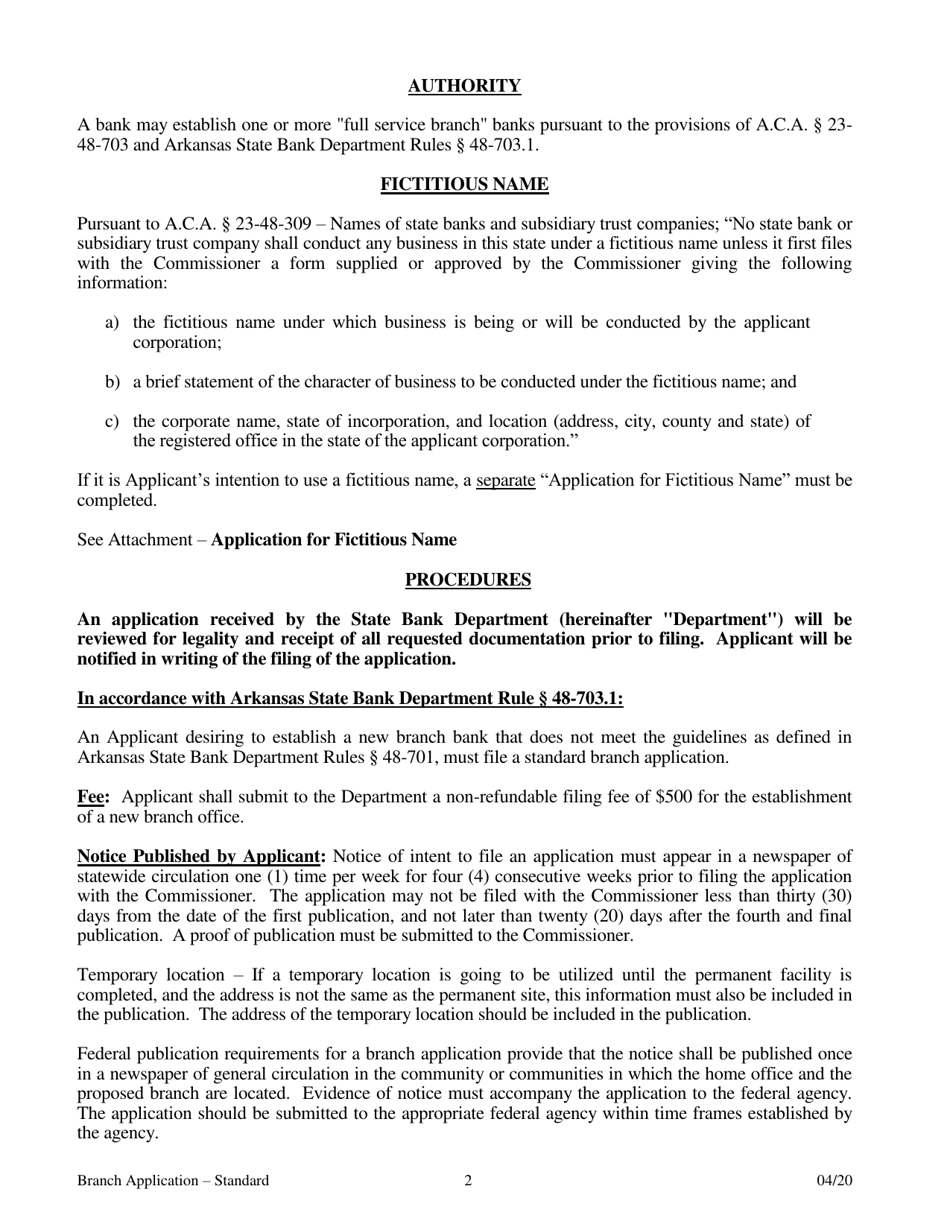 Application for Branch Bank - Standard - Arkansas, Page 2