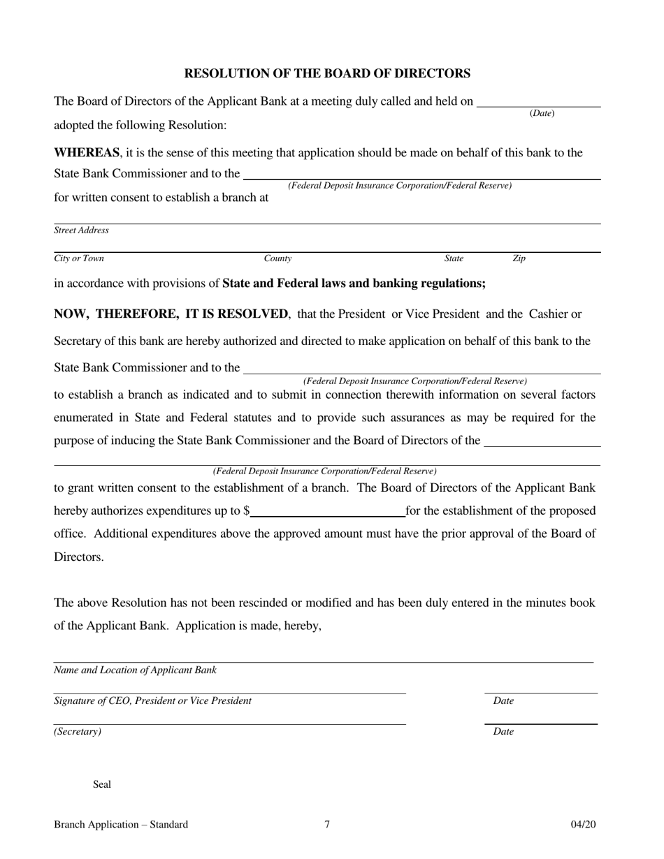 Application for Branch Bank - Standard - Arkansas, Page 7