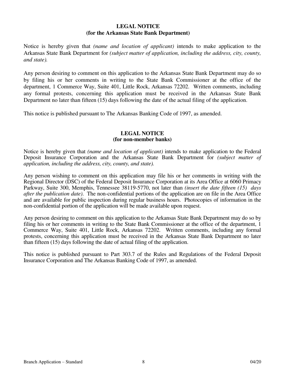 Application for Branch Bank - Standard - Arkansas, Page 8