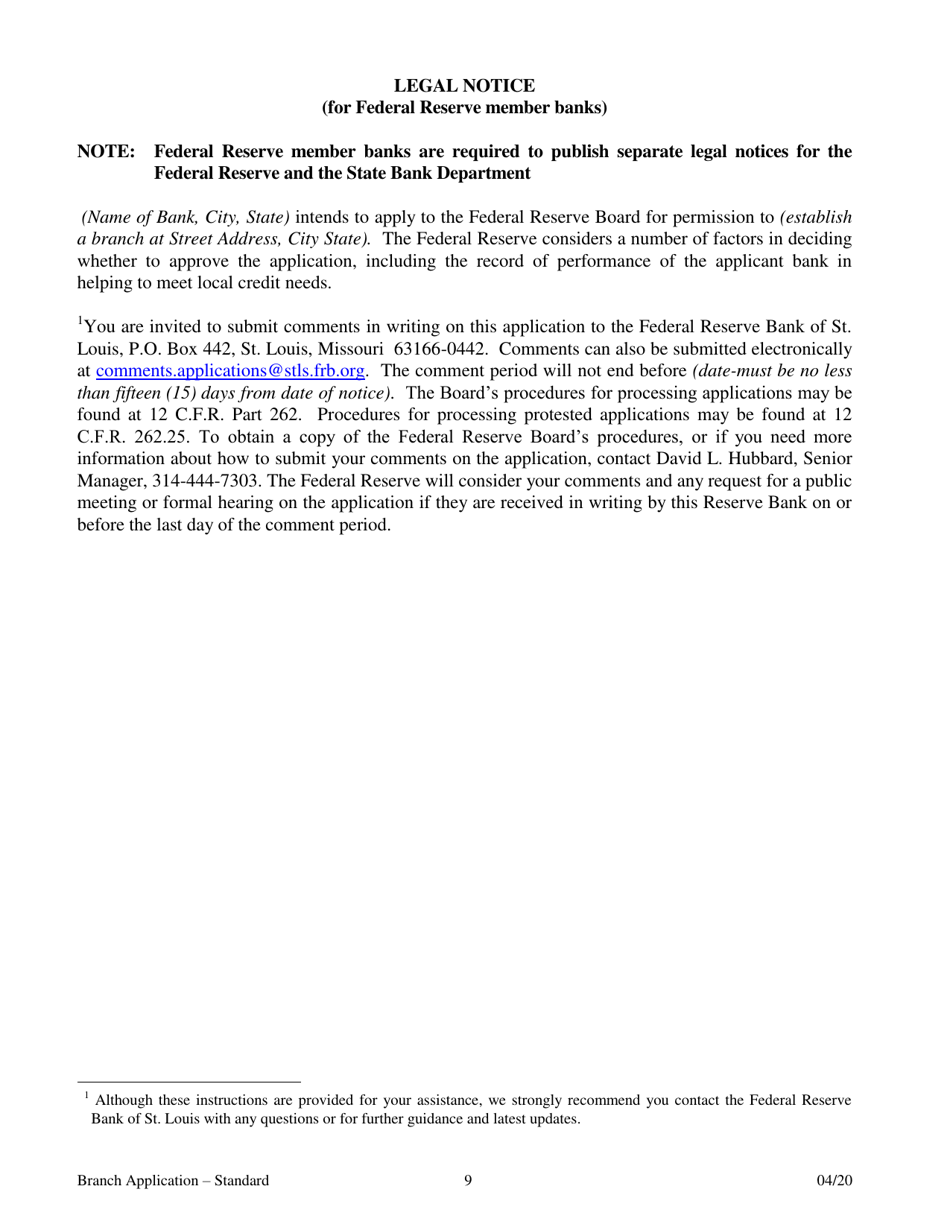 Application for Branch Bank - Standard - Arkansas, Page 9