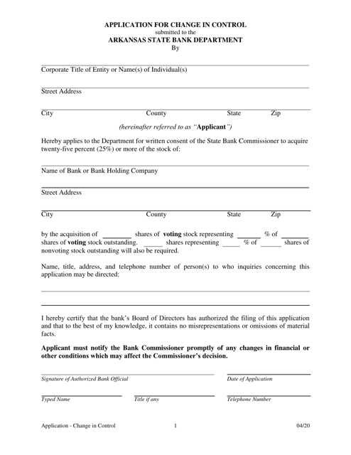 Application for Change in Control - Arkansas Download Pdf