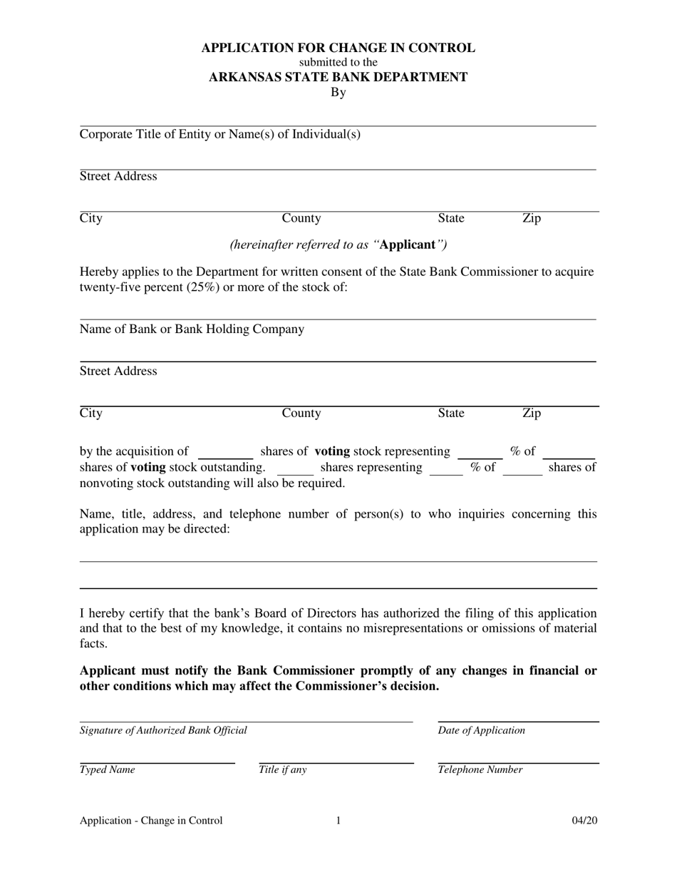 Application for Change in Control - Arkansas, Page 1