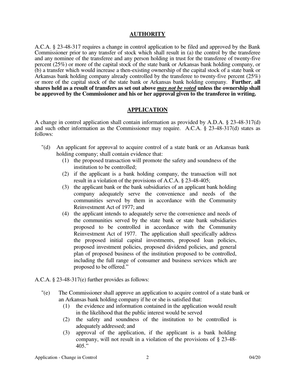 Application for Change in Control - Arkansas, Page 2