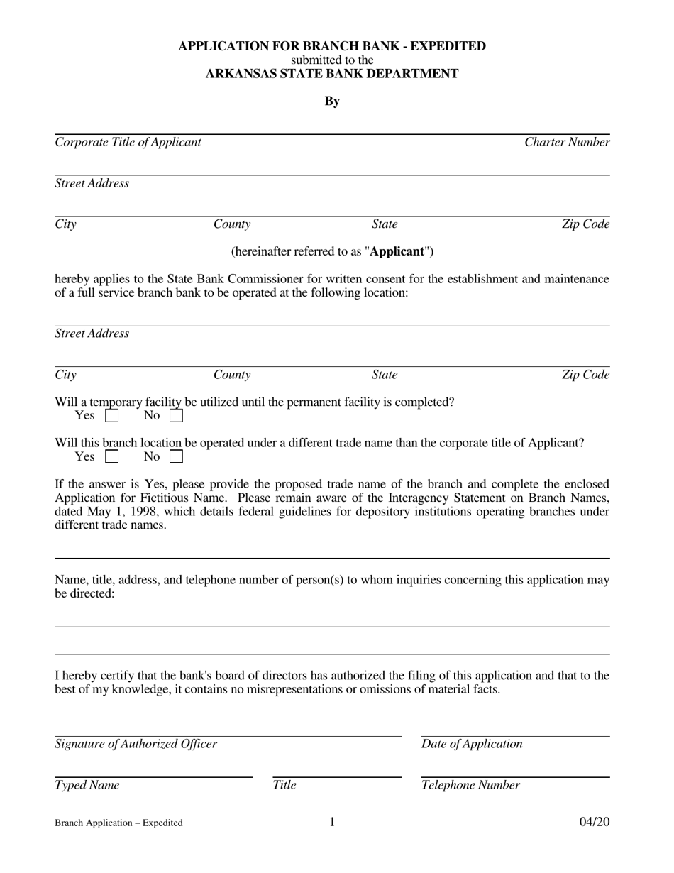 Arkansas Application for Branch Bank Expedited Download Printable PDF