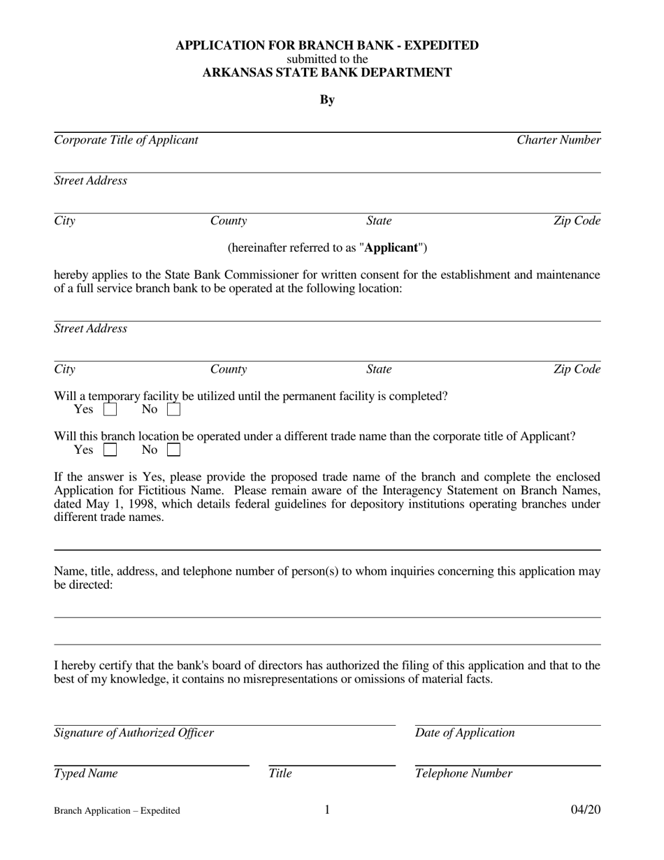 Application for Branch Bank - Expedited - Arkansas, Page 1