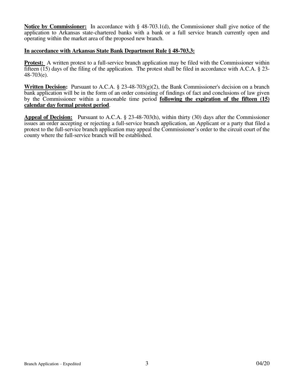 Application for Branch Bank - Expedited - Arkansas, Page 3