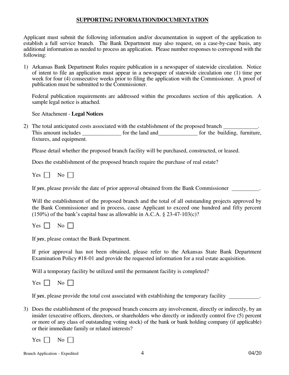 Application for Branch Bank - Expedited - Arkansas, Page 4