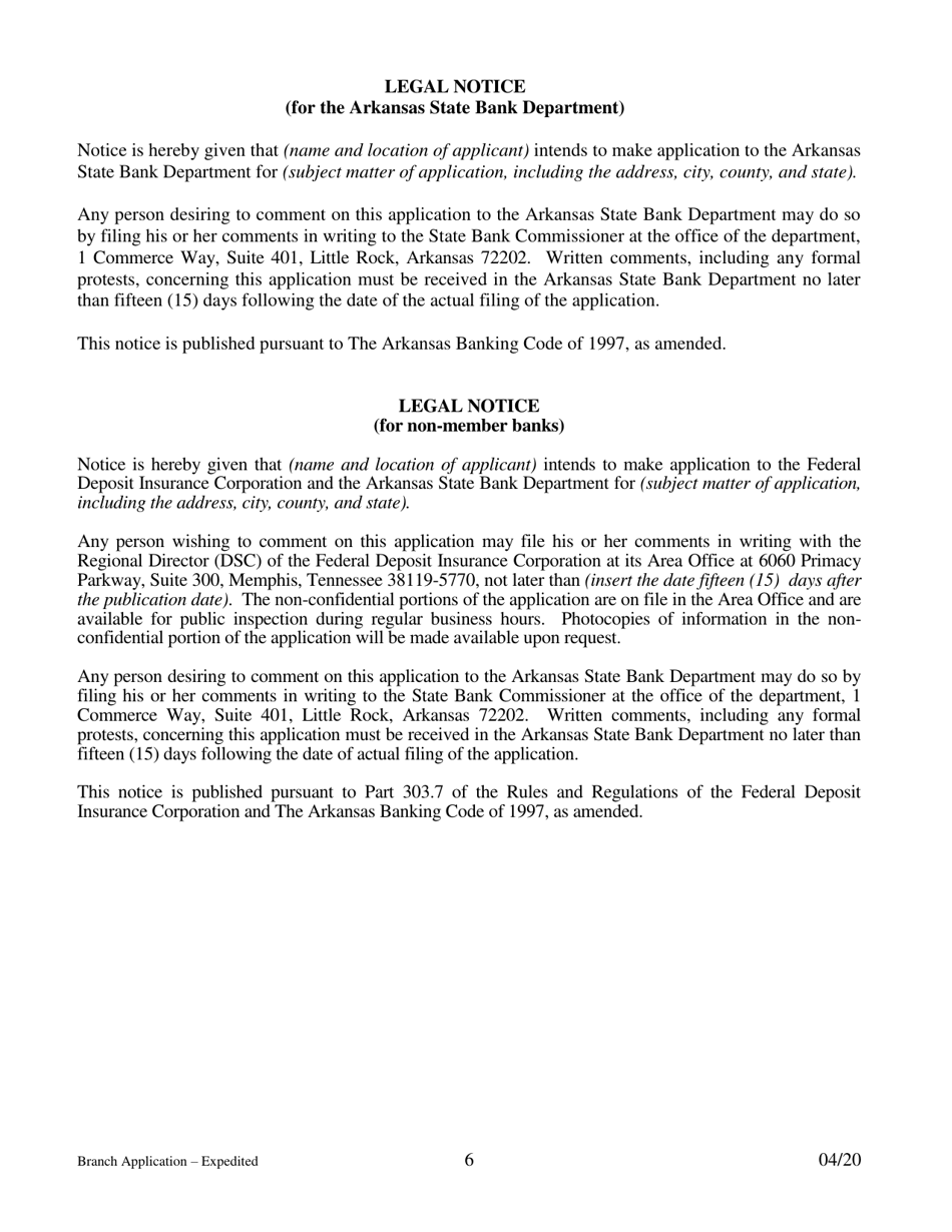 Application for Branch Bank - Expedited - Arkansas, Page 6