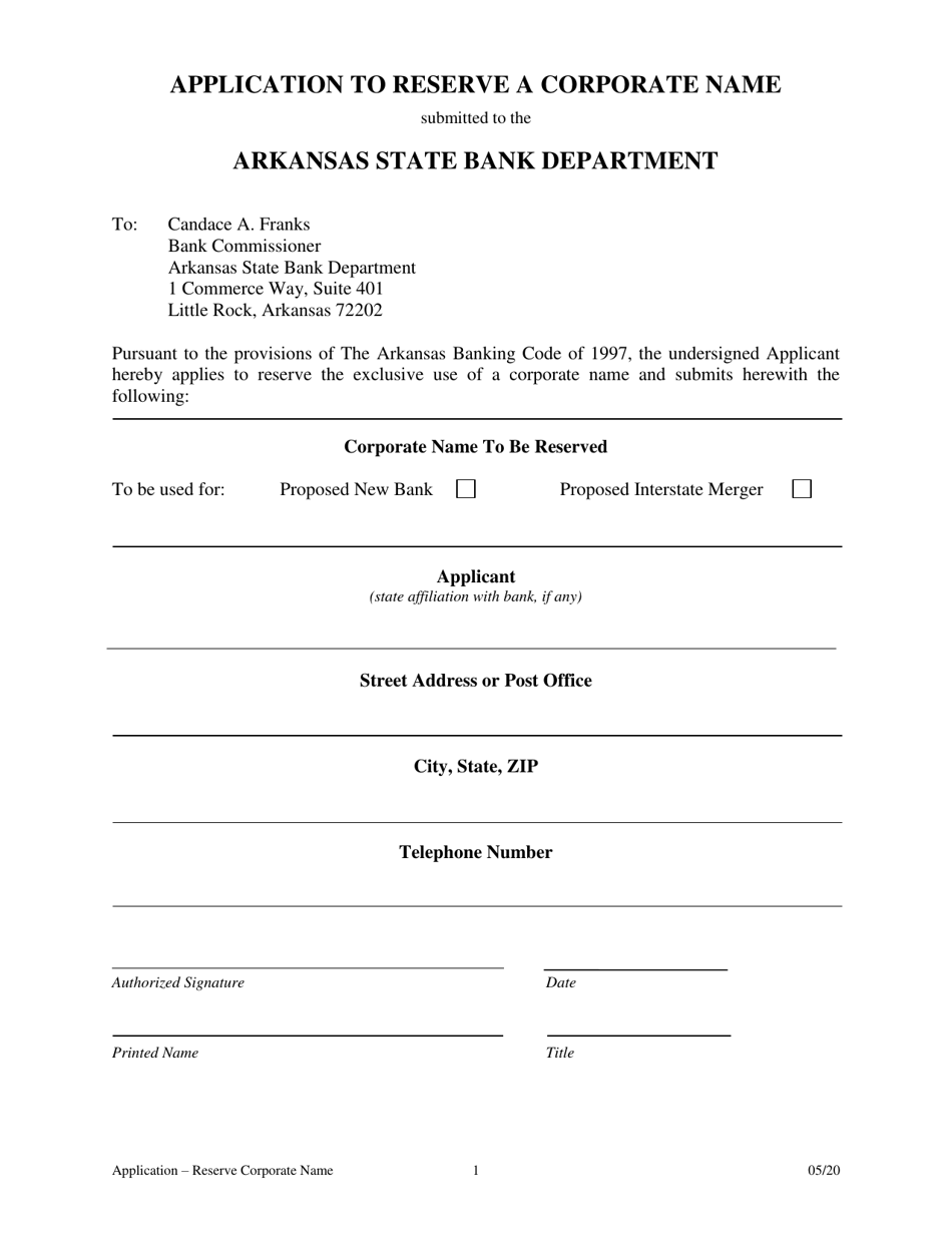 Application to Reserve a Corporate Name - Arkansas, Page 1