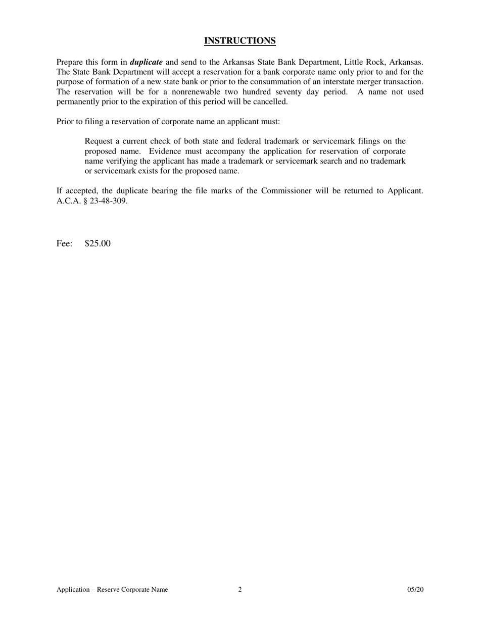 Application to Reserve a Corporate Name - Arkansas, Page 2
