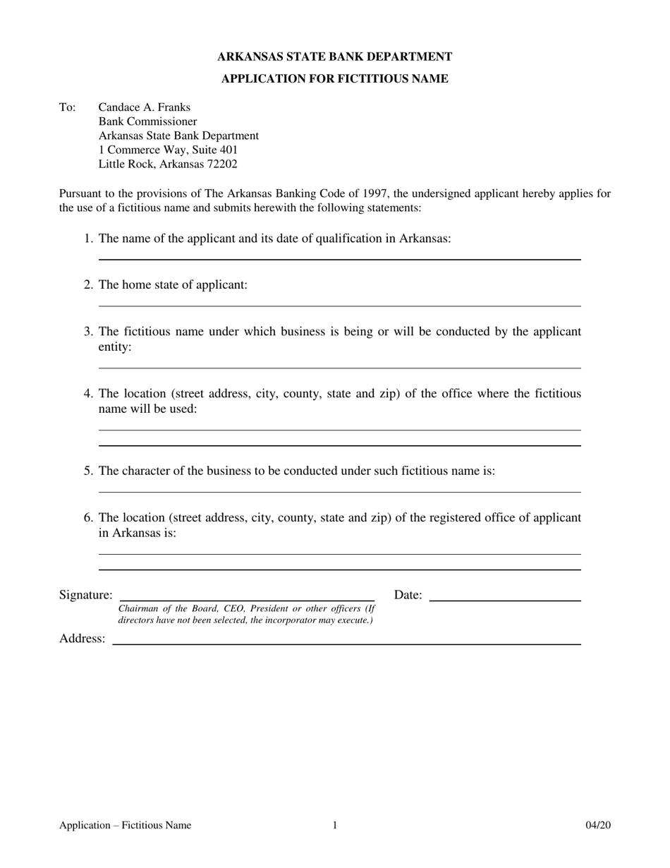 Application for Fictitious Name - Arkansas, Page 1