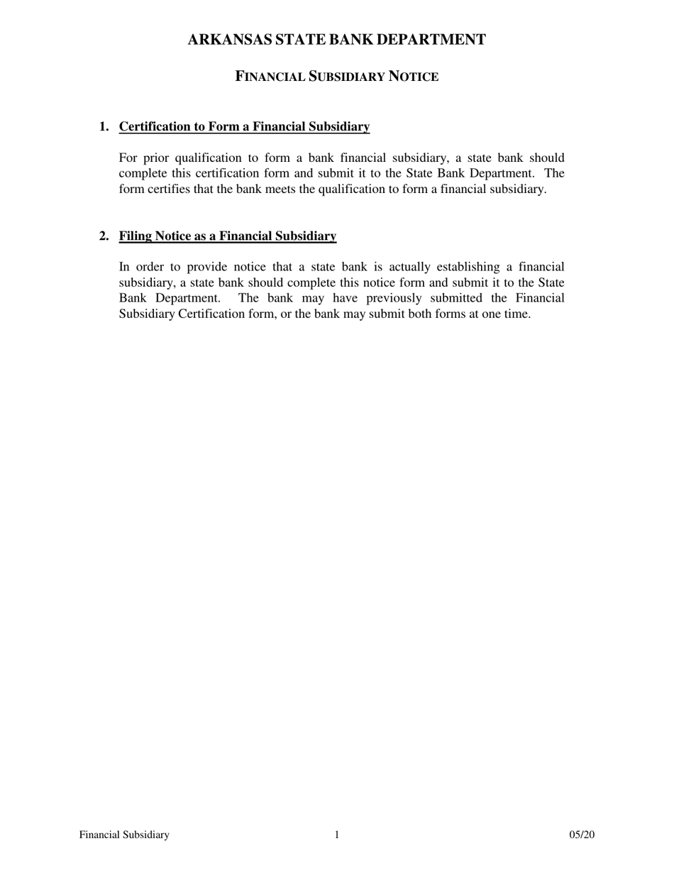 Financial Subsidiary Notice - Arkansas, Page 1