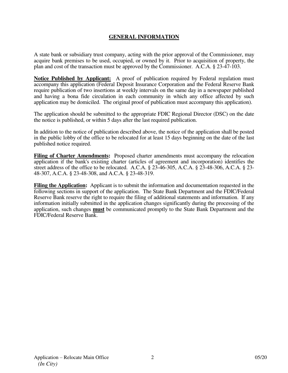 Application to Relocate Main Office (In City) - Arkansas, Page 2