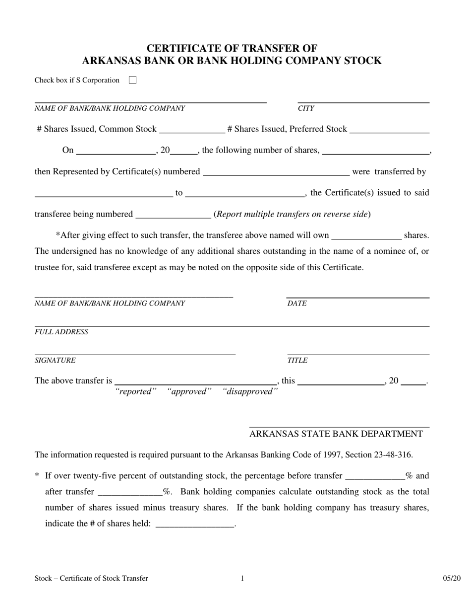 Certificate of Transfer of Arkansas Bank or Bank Holding Company Stock - Arkansas, Page 1