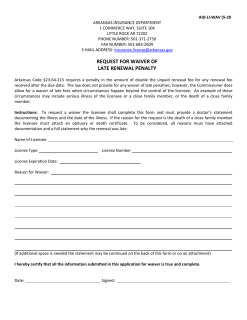 Form AID-LI-WAV Request for Waiver of Late Renewal Penalty - Arkansas
