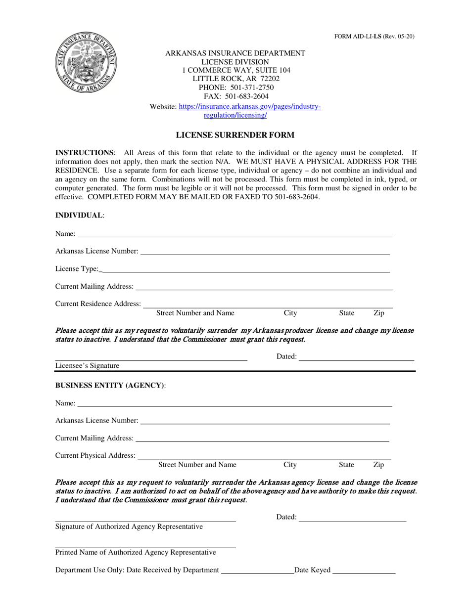 Form AID-LI-LS License Surrender Form - Arkansas, Page 1