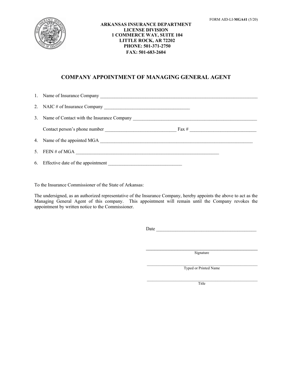 Form AID-LI-MGA41 Company Appointment of Managing General Agent - Arkansas, Page 1