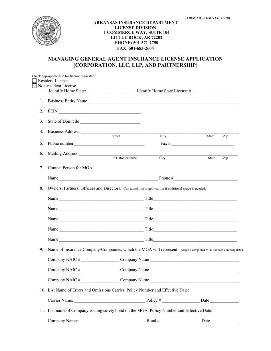 Form AID-LI-MGA40 Managing General Agent Insurance License Application (Corporation, LLC, LLP , and Partnership) - Arkansas, Page 1