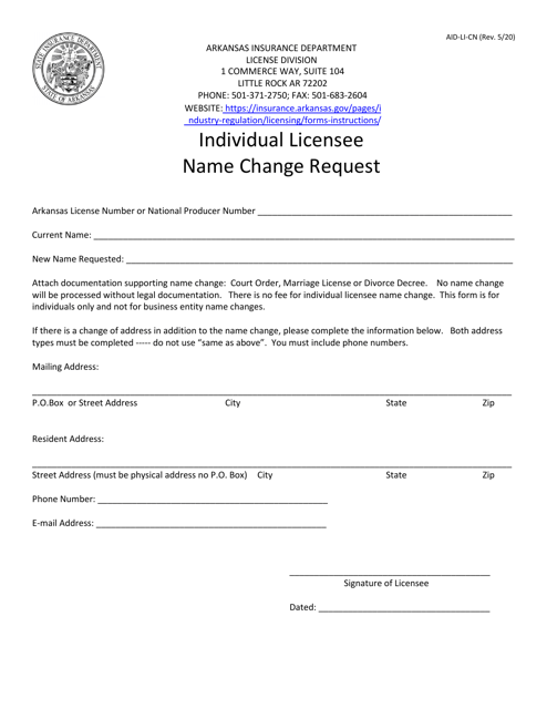 Form AID-LI-CN Individual Licensee Name Change Request - Arkansas
