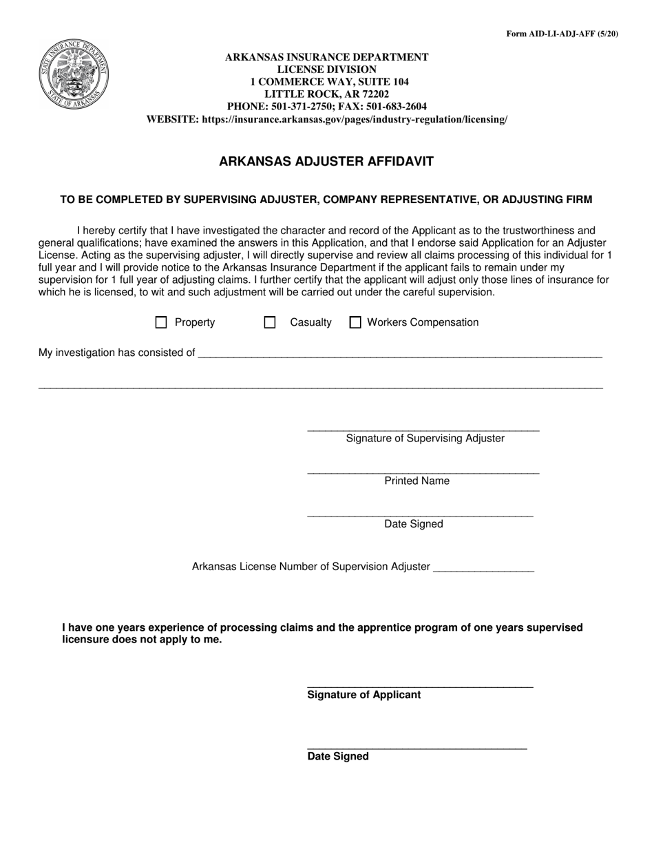 Form AID-LI-ADJ-AFF Arkansas Adjuster Affidavit - Arkansas, Page 1
