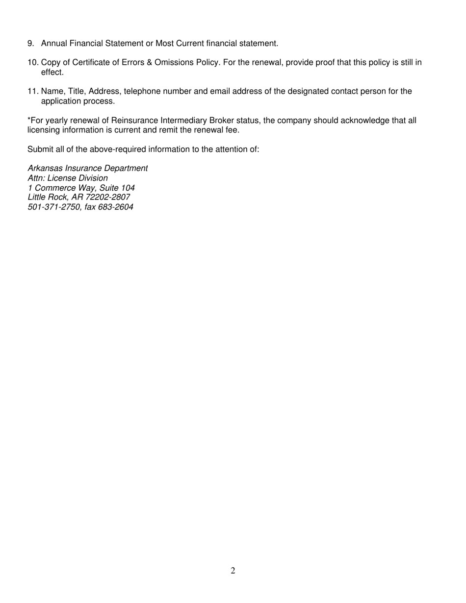 Checklist of Necessary Information for Reinsurance Intermediary Broker - Arkansas, Page 2