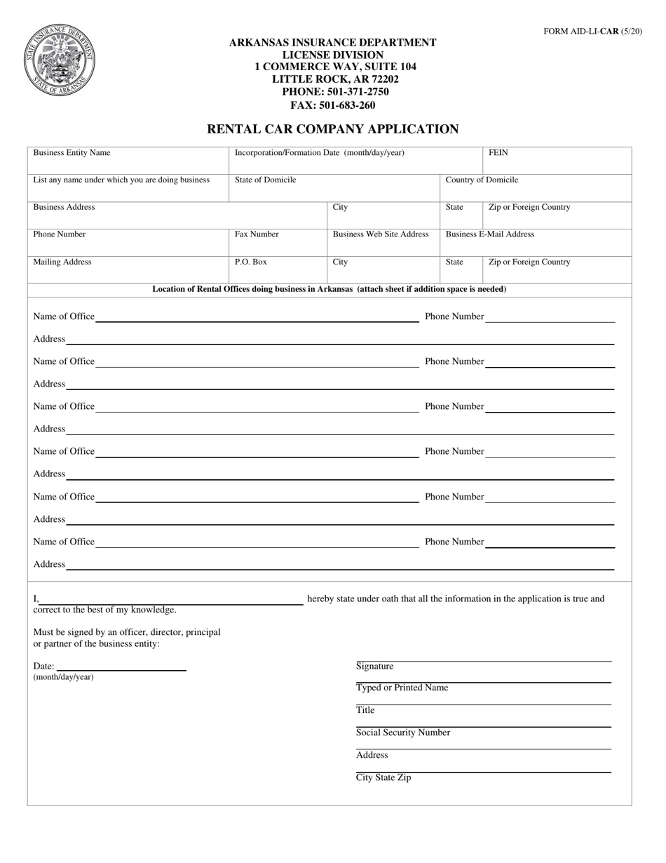 Form AID-LI-CAR Rental Car Company Application - Arkansas, Page 1